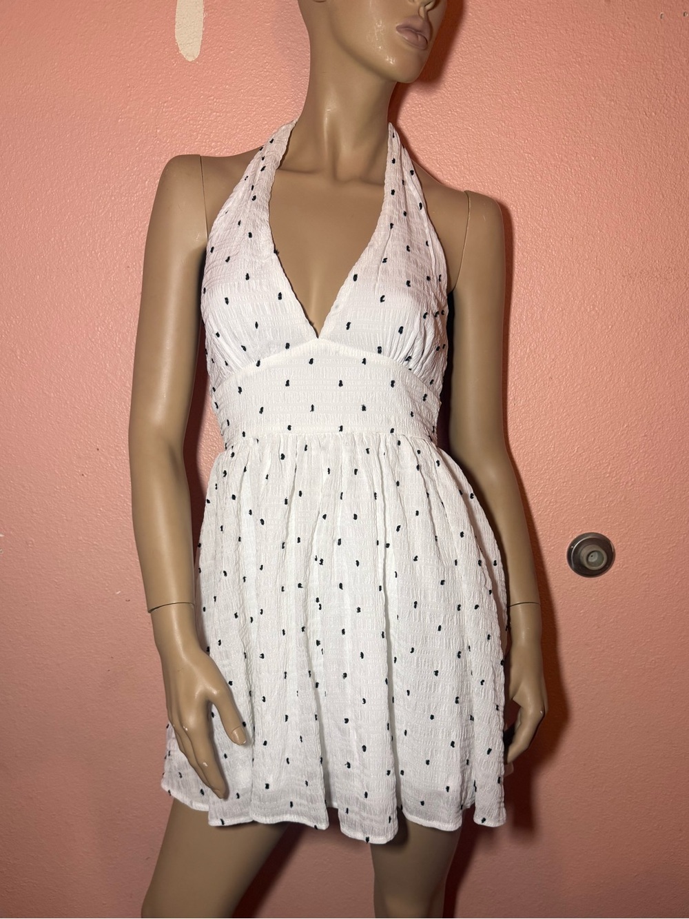 Windsor White Swiss Dot Halter Mini Dress Open Back Tie Size Small NWOT